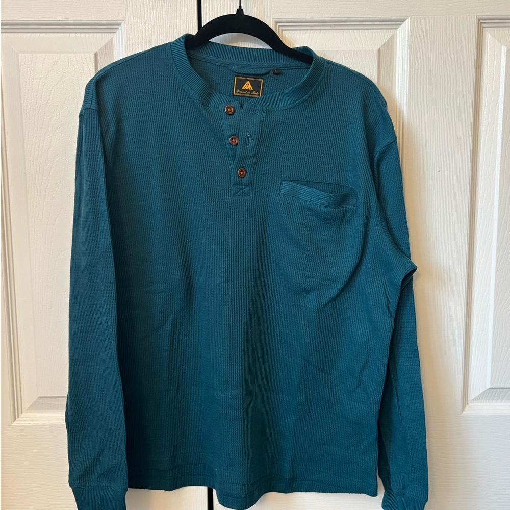 Men's Polyester Teal Henley Long Sleeve Shirt Large